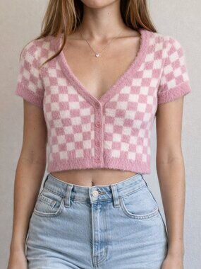 PacSun Fluffy Checkered Pink Short Sleeved Cropped Cardigan Textured LA Hearts